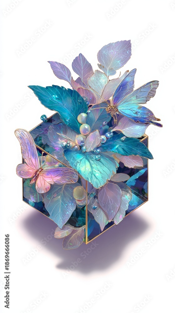Fototapeta premium A blue box with a butterfly on it. The butterfly is surrounded by flowers and leaves. The box is made of glass and has a shiny, metallic finish. Scene is one of beauty and elegance, with the butterfly