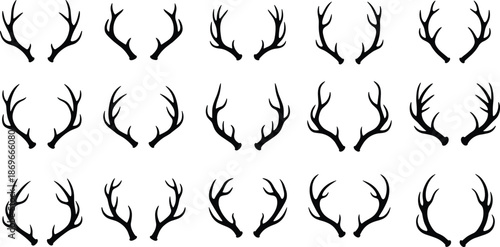 Deer Antler Silhouette Collection, Reindeer Horn Vector Icons, Black Trophy Shapes, Hunting Forest Animal Elements, Buck Head Decor, Nature Graphics,