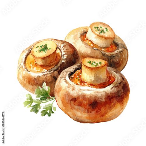 Stuffed Mushrooms, watercolor illustration, vector style, isolated on a white background.