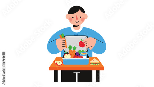 Illustration of Person Enjoying Healthy Lunch with Fresh Fruits and Vegetables