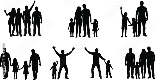 Family Silhouette Collection, Happy Parents and Children Vector, Group of People Together, Black Human Figures, Diverse Family Shapes, Childhood Graphics,