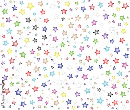 A multitude of colorful stars scattered randomly across a clean white background creating a playful festive pattern