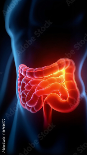 3D X-Ray Illustration of Human Intestines Glowing Red with Pain or Inflammation created with Generative AI Technology, ai, generative