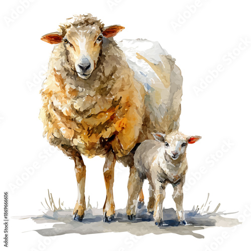 Sheep With Its Baby in watercolor style, vector illustration, isolated on white background.