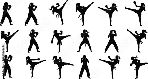 Martial Arts Silhouette Set, Karate Woman Vector Icons, Black Female Fighter Shapes, Kickboxing Poses, Taekwondo Action, Self Defense Graphic Elements,