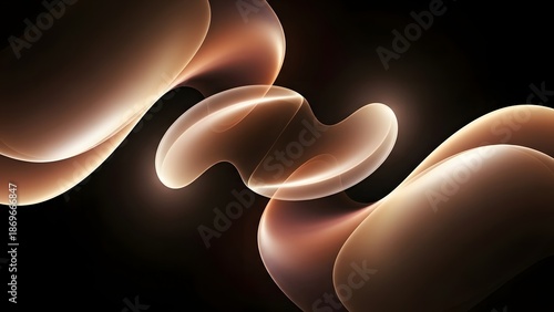 Elegant 3d abstract glowing shapes floating on black background with warm light