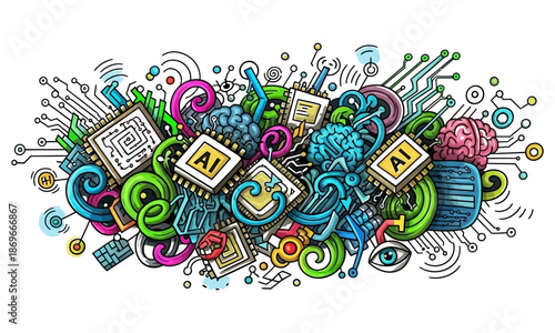 Vibrant colorful hand drawn creative doodle composition with icons