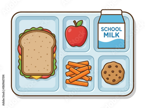 A nutritious school meal served on a tray with a sandwich, apple, carrot sticks, cookie, and milk.