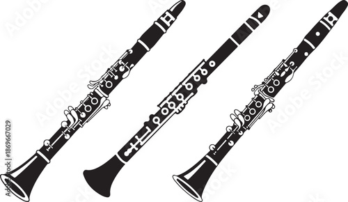 Three black and white illustrations of clarinets a woodwind instrument