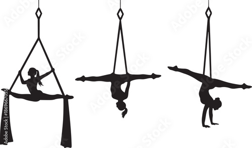 Silhouettes of aerialists performing dynamic poses on suspended fabric equipment