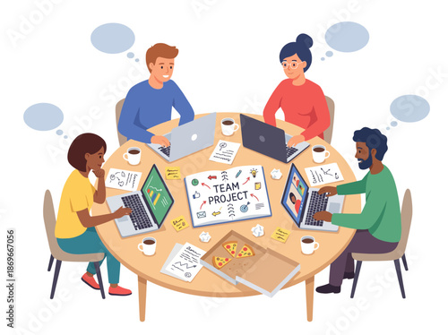 Team members collaborating around a table with laptops and papers discussing a project in a creative environment