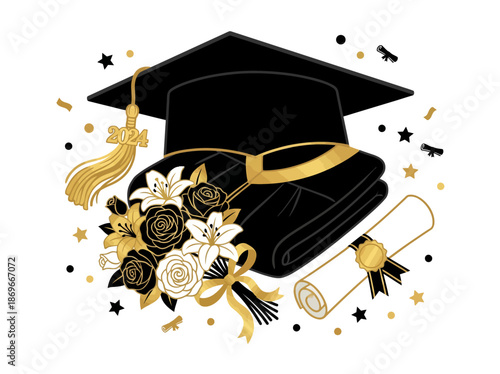 Celebratory graduation ceremony illustration with gold accents and floral arrangements