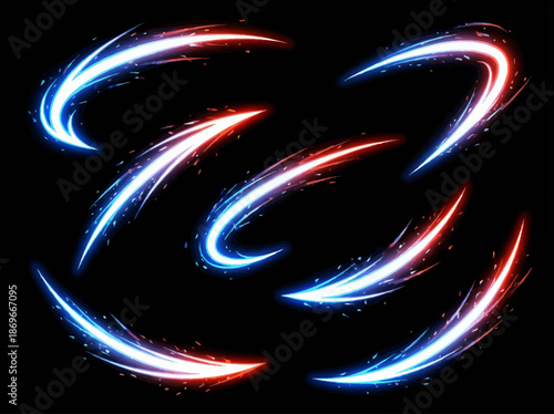 Vibrant blue and red swirling light trails on a dark background, creating a dynamic abstract illustration