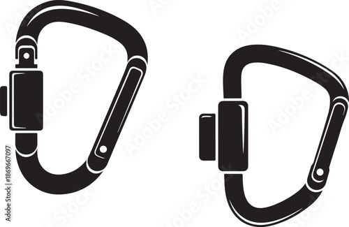 Two carabiners presented in a black and white illustration