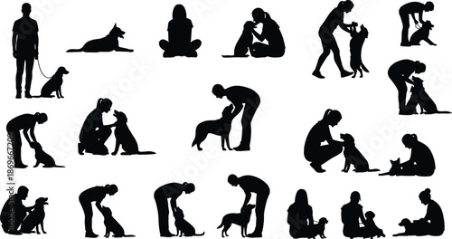 People with Dogs and Cats Silhouette Collection, Pet Owner Vector Icons, Black Human and Animal Shapes, Animal Care, Veterinary Graphics,