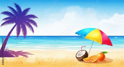 Wallpaper Mural A vibrant beach scene with a colorful umbrella, palm tree, and tropical fruits on the sand. Torontodigital.ca