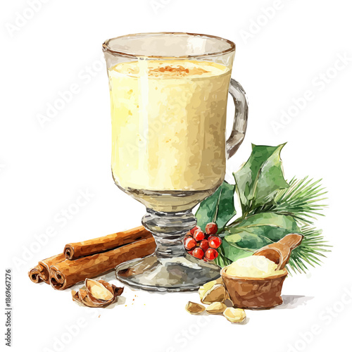Watercolor illustration of Eggnog, vector artwork, isolated on white background.