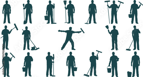 Professional cleaning service worker silhouettes set with mops and buckets, janitor staff icons for housekeeping business logo, isolated vector shapes.
