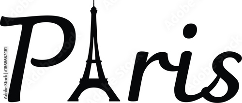 Paris Text Design with Eiffel Tower Silhouette, Creative France Landmark Typography, Romantic Travel Illustration for Tourism Branding and Souvenir Graphics, Minimalist City Symbol Art