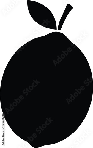Solid Black Lemon Fruit Silhouette with Leaf, Minimalist Citrus Icon Vector Illustration, Organic Food Symbol for Juice Branding and Healthy Lifestyle Graphics, Simple Fruit Shape Art