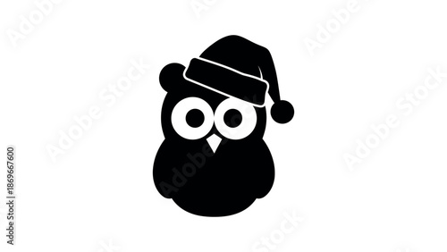Black owl wearing a Santa hat white christmas