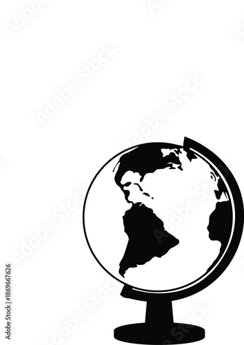 Detailed Black and White World Globe Illustration on Stand Showing North and South America Silhouette, Global Travel Geography Icon and Earth Planet Map Design for Education or Business Vector
