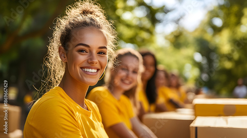 Group of smiling volunteers in yellow shirts participating in a community service event outdoors, surrounded by trees