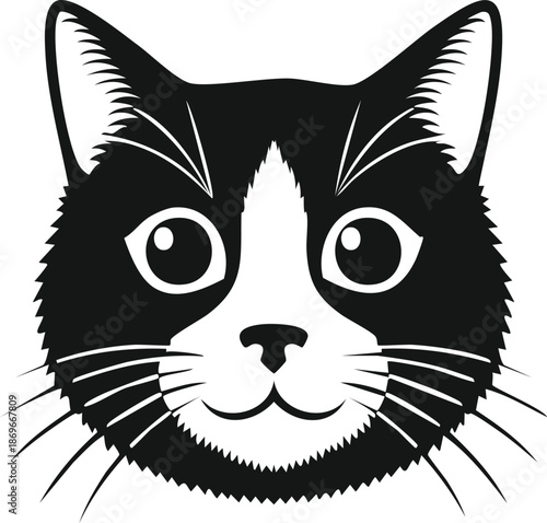 Tuxedo cat face vector illustration, black and white kitten head portrait, domestic feline mascot icon, cute pet graphic for cat lover merchandise, vet, and animal rescue designs.