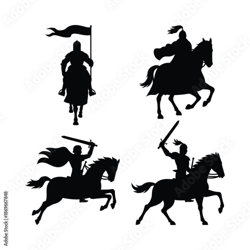 Black silhouettes of medieval knights on horseback in various battle poses