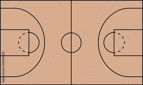 Top down view of a basketball court floor with standard court markings, hardwood texture illustration, sports background for game strategy, coaching, and athletic competition layouts.
