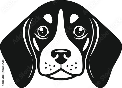 Beagle dog face vector illustration, black and white puppy head icon, cute pet portrait for animal logos, hunting dog breed silhouette, canine graphic for stickers and animal care designs.