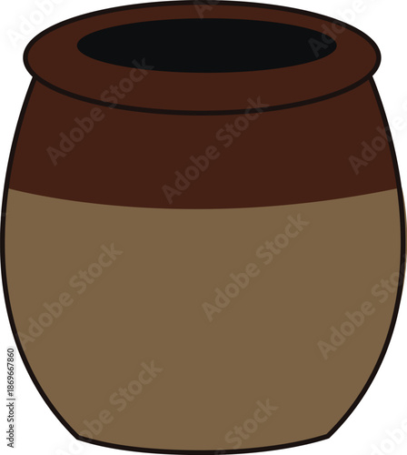 Traditional brown ceramic clay pot or earthen jar, ancient storage container illustration for food preservation, rustic pottery vessel, hand-crafted stoneware isolated on white background.