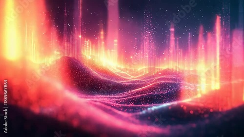 Glowing digital particles creating a futuristic landscape with data streaming upwards, representing concepts of big data, artificial intelligence, networking, and interconnected technology