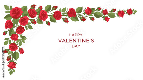 Elegant corner border design featuring a beautiful arrangement of vibrant red roses and lush green leaves, encompassing "Happy Valentine's Day" text in the center.