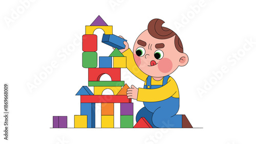 Child Building Colorful Block Tower in Playful Illustration