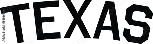Texas state name arched typography in black block font. Retro collegiate style varsity lettering for lone star state tourism souvenirs, sports apparel, and southern travel branding designs.