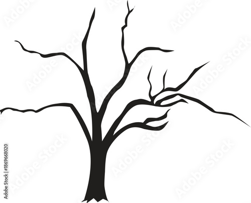 Dead bare tree silhouette illustration, leafless winter tree branches isolated on white background. Spooky nature icon for halloween decor, environmental concepts, and seasonal landscape design.