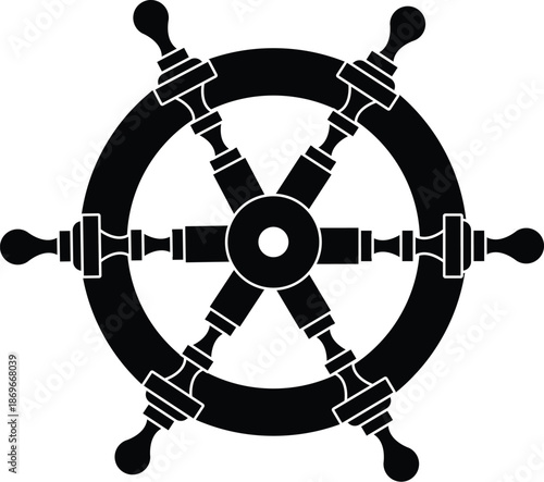 Nautical ship's wheel vector illustration, black sea captain's helm icon isolated on white. Maritime design element for boat sailing, ocean voyages, marine navigation, and coastal decor themes.