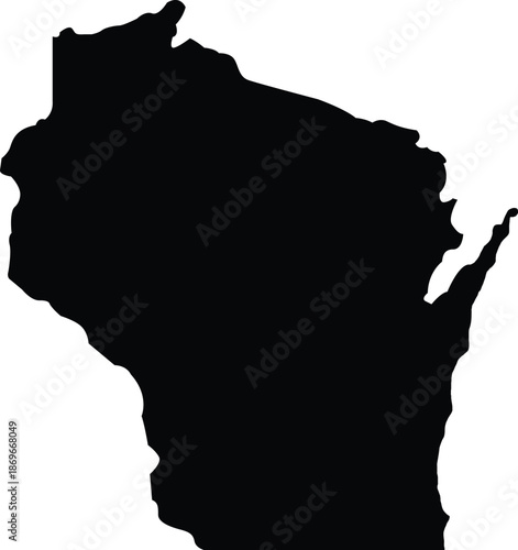 Black silhouette map of Wisconsin state outline isolated on white background. Simple geographic vector for US regional maps, travel guides, midwest tourism, and state pride business branding.