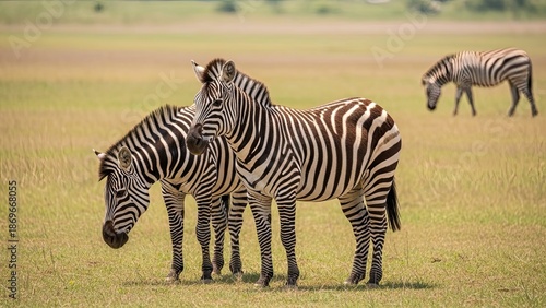 Three zebras standing together in a grassy savannah with one grazing nearby