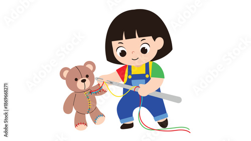 Child Sewing Teddy Bear Illustration - Creative Craft Activity