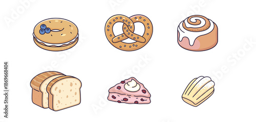 Fresh bakery and pastry icons set including bagel pretzel cinnamon roll sliced bread scone and madeleine isolated on white background
