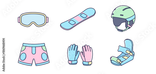 Professional winter snowboarding equipment icons including goggles snowboard helmet protective shorts gloves and bindings for sports
