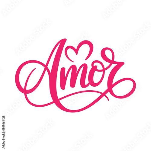 Amor love word with heart symbol in pink cursive script