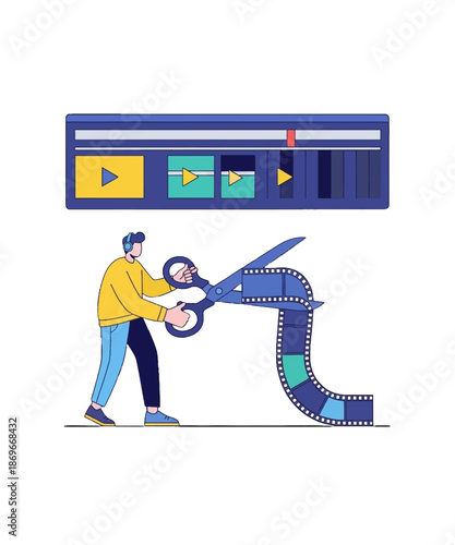 Video editing professional cutting film strip with scissors near a timeline interface for precise digital content creation and post production workflow