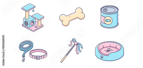 Pet care and domestic animal accessories set featuring cat tree bone canned food leash collar feather toy and pet bed icons for home