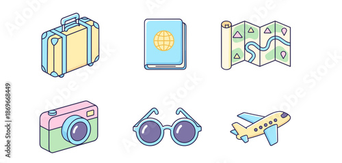 Travel and vacation essentials set including suitcase passport map camera sunglasses and airplane icons for global tourism adventures