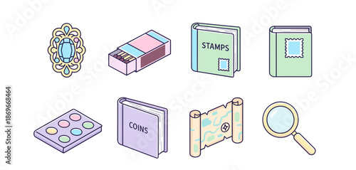 Antique collection and hobby items set featuring jewelry matches stamp album coin book map and magnifying glass icons for collectors