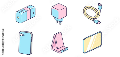 Modern mobile technology accessories set featuring power bank wall charger usb cable smartphone phone stand and tablet screen icons
