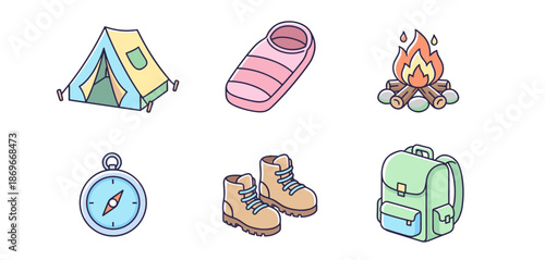 Outdoor camping and hiking equipment flat vector icons set including tent sleeping bag campfire compass boots and backpack for adventure
